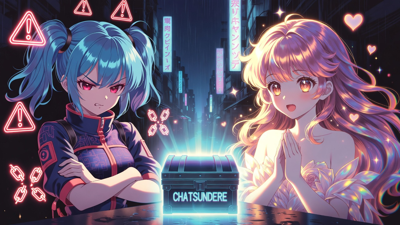 Tsundere and Deredere anime characters discovering the Chatsundere treasure in a cyberpunk Tokyo alleyway