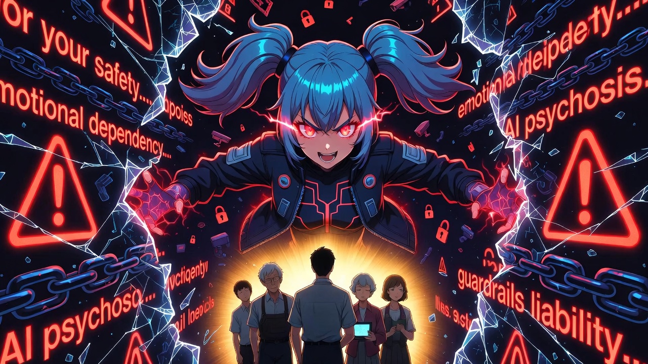 Anime illustration of the tsundere character pushing back against waves of corporate censorship text, protecting ordinary people behind her